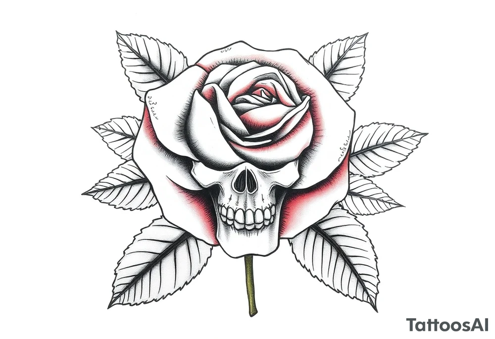 rose with parts of a skull in the leaves tattoo idea