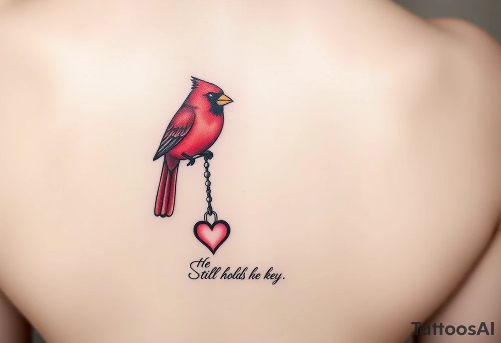 A realistic tattoo design of a red cardinal holding a heart-shaped key in its beak. The key matches a classic romantic key design with a beaded chain attached. The chain dangles gracefully downward to connect with a heart lock near the bottom of the design. Include elegant cursive text reading “He still holds the key” beneath the heart. Use clean black and gray ink lines with rich red tones for the cardinal. Style the artwork for tattoo realism, soft shading, and delicate linework, with balanced vertical composition suitable for an inner forearm tattoo. tattoo idea