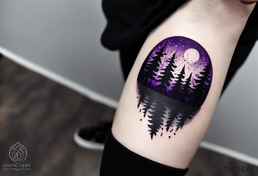 forest, purple and black, on hand, fully covered, no borders, blackwork tattoo idea