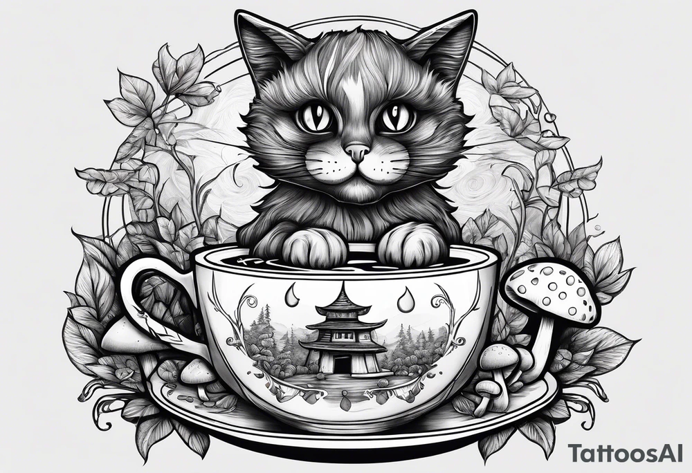 A mysterious cat taking a hot mushrooms cup of tea tattoo idea