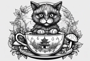 A mysterious cat taking a hot mushrooms cup of tea tattoo idea