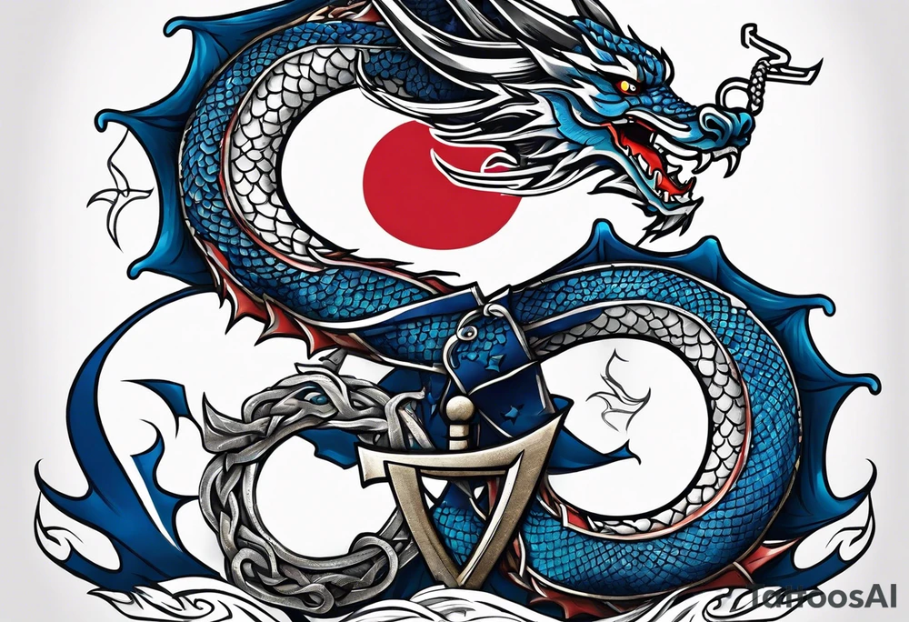 Asian dragon wrapping around an anchor centered on the Korean flag tattoo idea