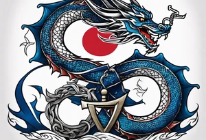 Asian dragon wrapping around an anchor centered on the Korean flag tattoo idea