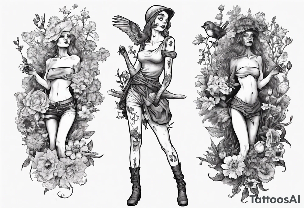 Elf carrying her dead bird in a flower medow tattoo idea