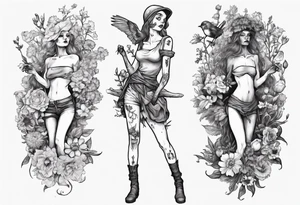 Elf carrying her dead bird in a flower medow tattoo idea