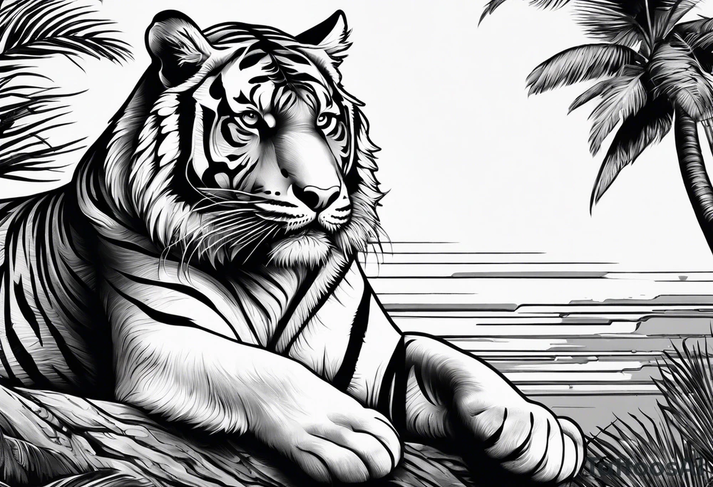 tiger laying on palm tree tattoo idea
