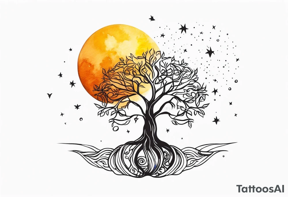 Tree of life with deep roots, the tree is holding the sun and the moon tattoo idea