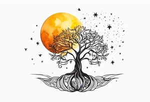 Tree of life with deep roots, the tree is holding the sun and the moon tattoo idea
