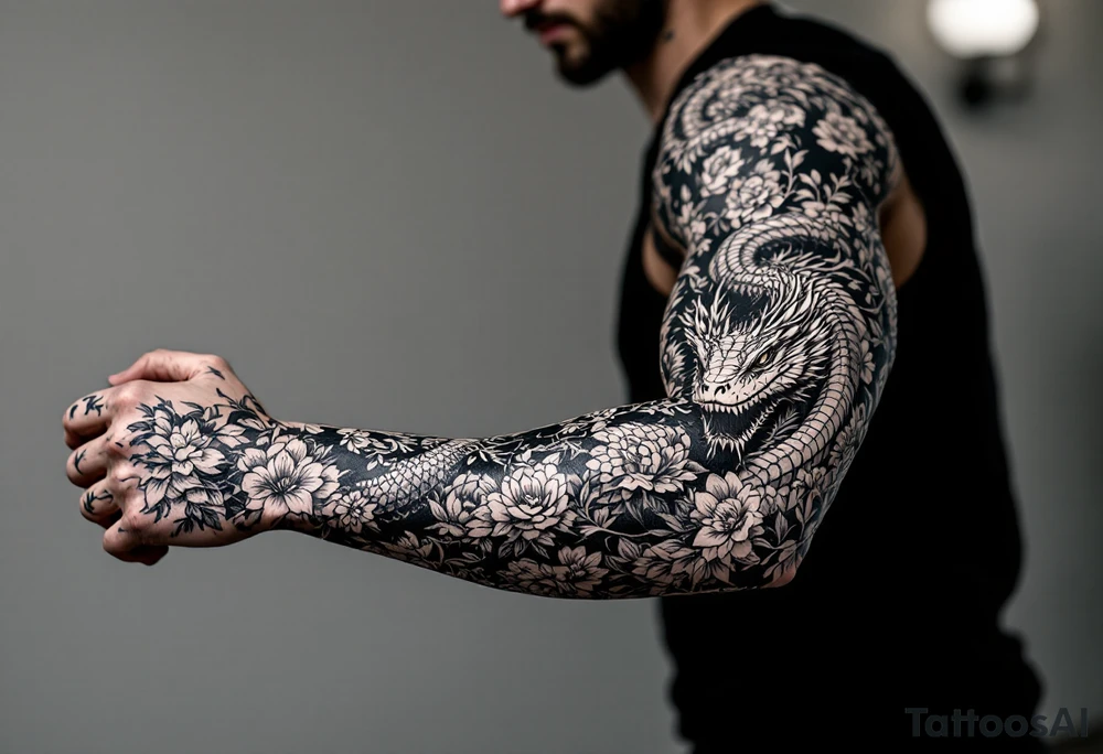 powerful majestic reptile, surrounded by floral ornaments tattoo idea