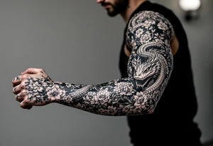 powerful majestic reptile, surrounded by floral ornaments tattoo idea