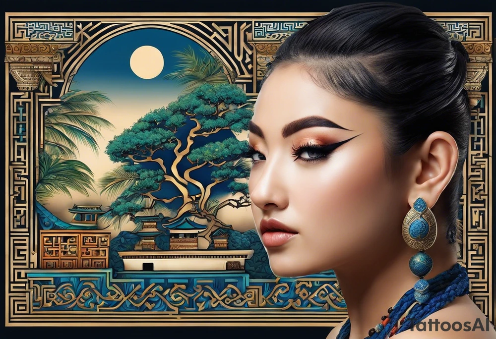 Ein blaues Tattoo über den ganzen Rücken aus orientalischen Fliesen, einem Bonsai, einem Monstera Ableger, Zitronen und Maori Stilelemente. Vertikal über der Wirbelsäule solte Perspektive mit teilweise verdrehten Buchstaben stehen. Abschließend an der hüfte entlang einen runden po zaubern. Alles vertikal tattoo idea