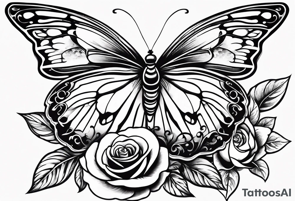 Butterfly flying with roses & filligree tattoo idea