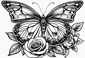 Butterfly flying with roses & filligree tattoo idea