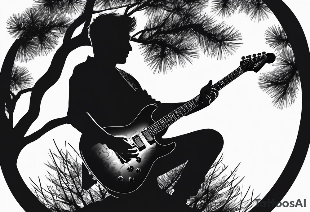 silhouette of a man playing electric guitar while sitting in a pine tree. tattoo idea silhouette of a man playing electric guitar while sitting in a pine tree. tattoo idea