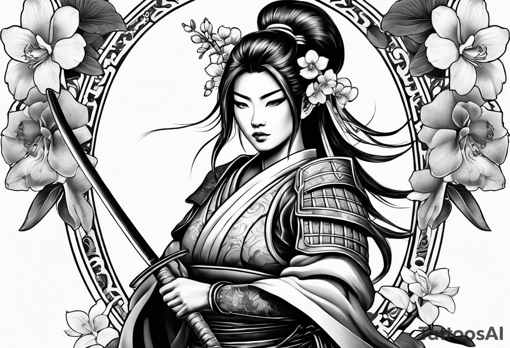 Female samurai in armor with sword and orchids tattoo idea
