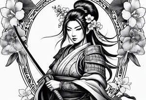 Female samurai in armor with sword and orchids tattoo idea