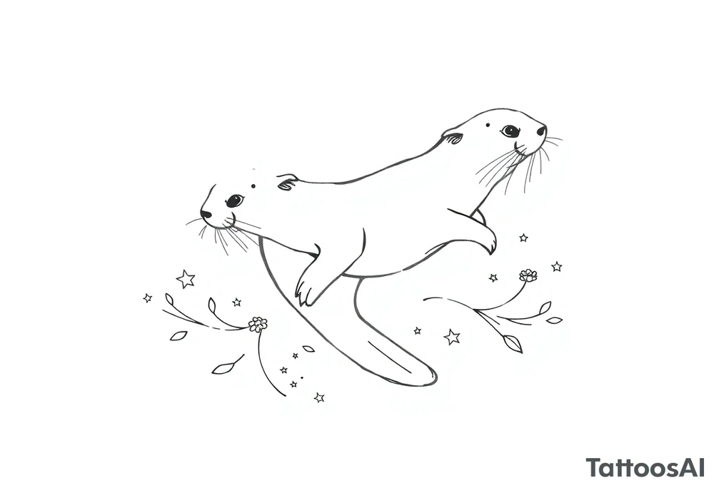 outline of a gracefully swimming otter over flourish lines and stars tattoo idea