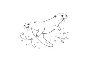 outline of a gracefully swimming otter over flourish lines and stars tattoo idea