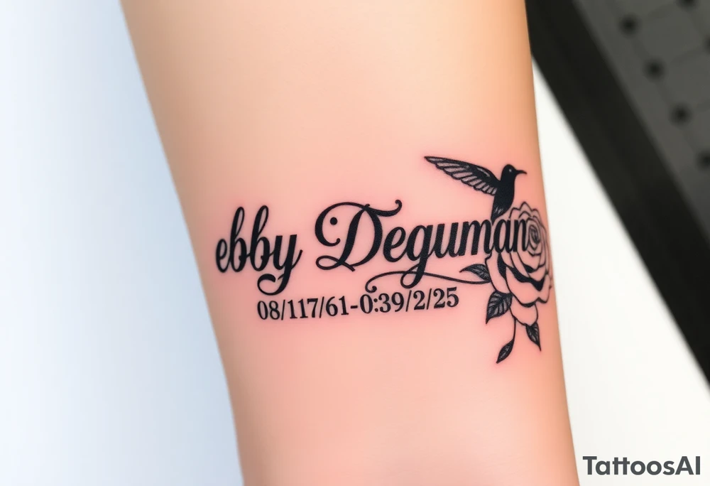 Tattoo of the name Debby Deguzman in chunky bold curly cursive with the exact dates of 08/17/61-05/29/25 surrounded by 1 hummingbird and 1 rose tattoo idea