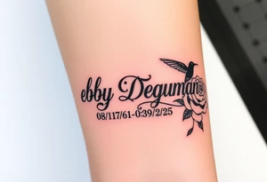Tattoo of the name Debby Deguzman in chunky bold curly cursive with the exact dates of 08/17/61-05/29/25 surrounded by 1 hummingbird and 1 rose tattoo idea