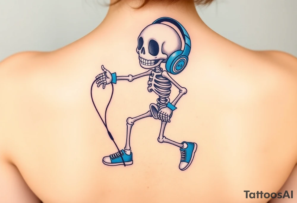 Cute smiling skeleton jumping on a jump rope with blue headphone and blue tennis shoes and blue armbands with nice  music notes on the headphones tattoo idea
