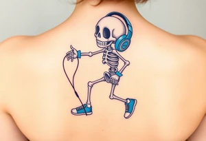 Cute smiling skeleton jumping on a jump rope with blue headphone and blue tennis shoes and blue armbands with nice  music notes on the headphones tattoo idea