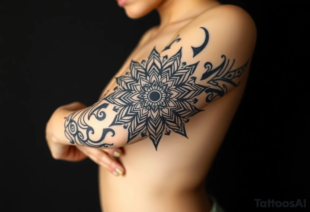 shaman style mytical bold line mandala tattoo idea