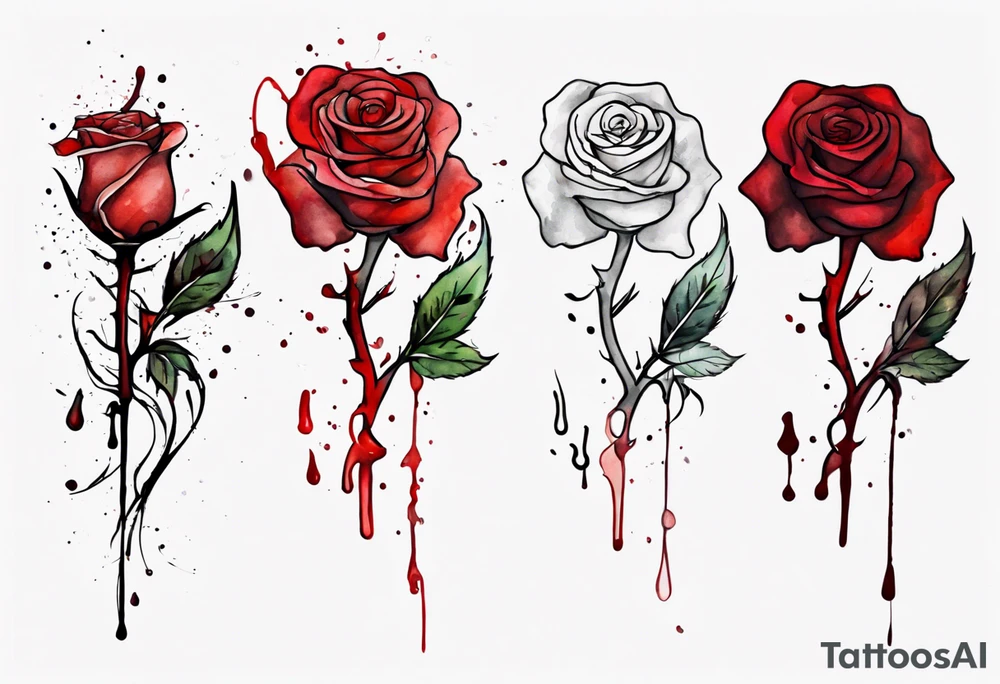 rose flower, one line, red blood dripping from the flower, tall, watercolor, with a Christian cross placed in the bottom half tattoo idea