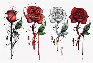 rose flower, one line, red blood dripping from the flower, tall, watercolor, with a Christian cross placed in the bottom half tattoo idea