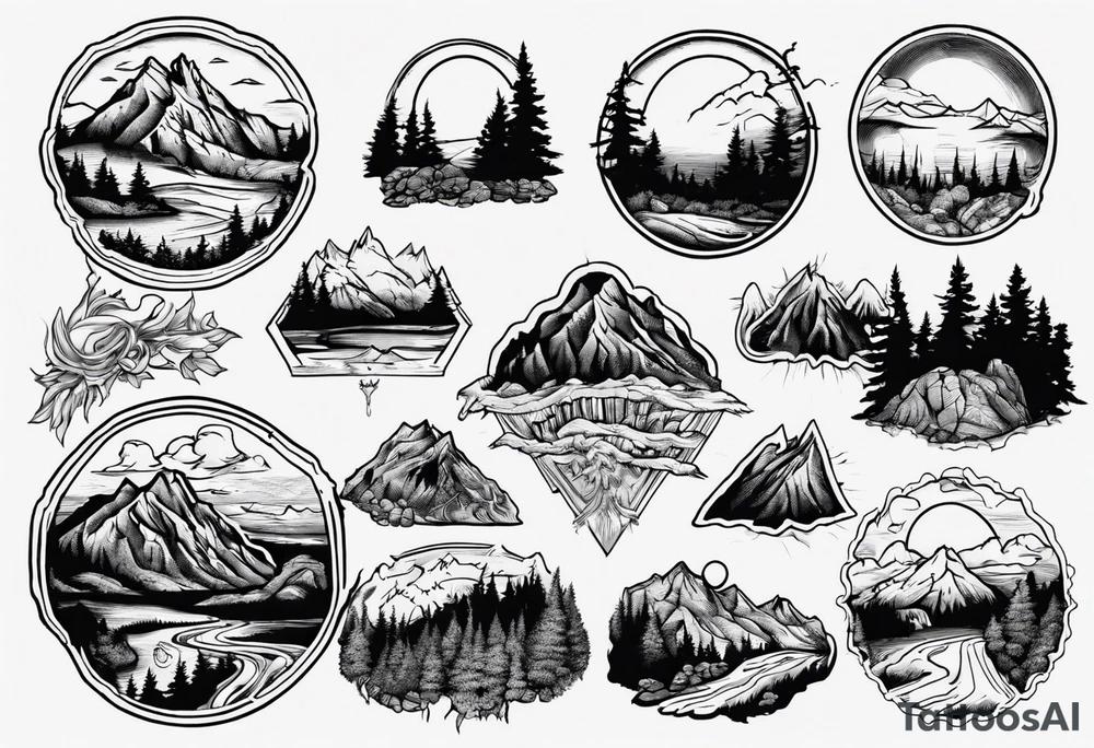 Outline of the state of New Hampshire with the old man on the mountain in it as well as mountains, trees, and the sun tattoo idea