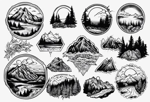 Outline of the state of New Hampshire with the old man on the mountain in it as well as mountains, trees, and the sun tattoo idea