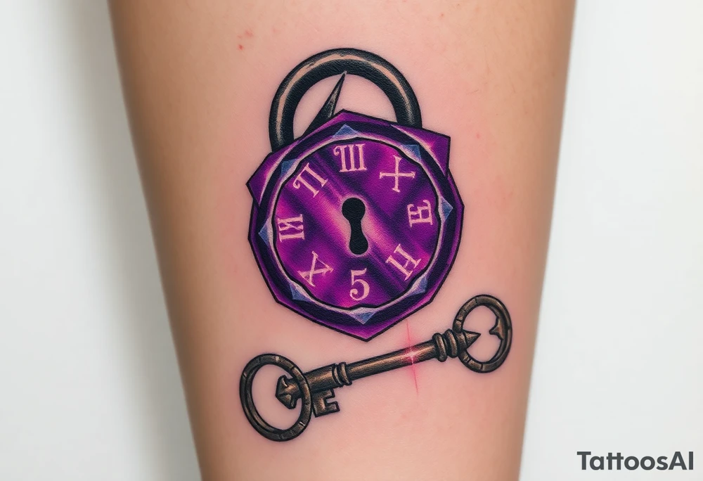 A deep purple crystal lock with glowing runes, and a key radiating a mystical aura and lying beside it. tattoo idea