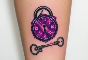 A deep purple crystal lock with glowing runes, and a key radiating a mystical aura and lying beside it. tattoo idea