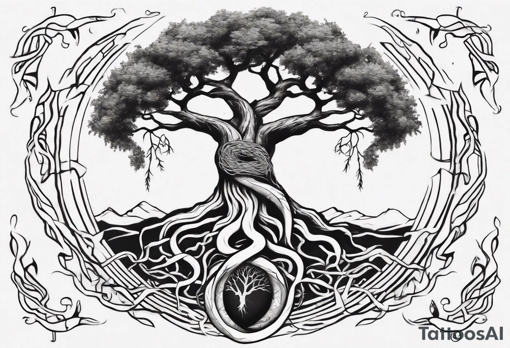 Yggdrasil with a serpent weaving through the roots of the tree tattoo idea