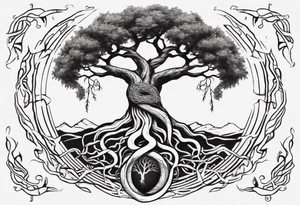 Yggdrasil with a serpent weaving through the roots of the tree tattoo idea