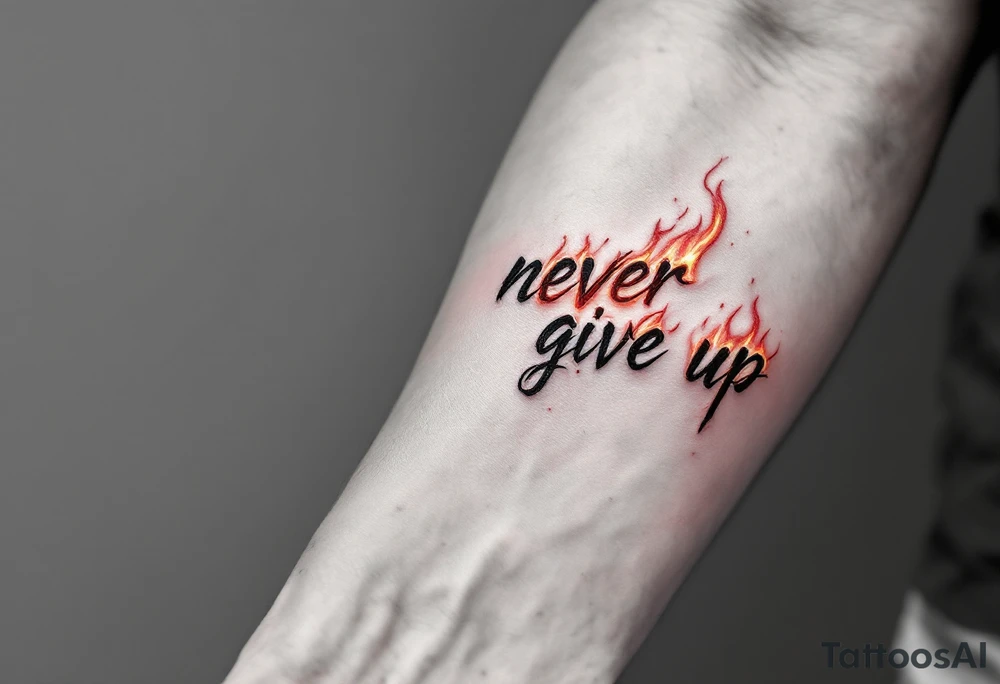 "Never give up" in fiery red ink with flames licking up from the letters. tattoo idea