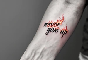 "Never give up" in fiery red ink with flames licking up from the letters. tattoo idea