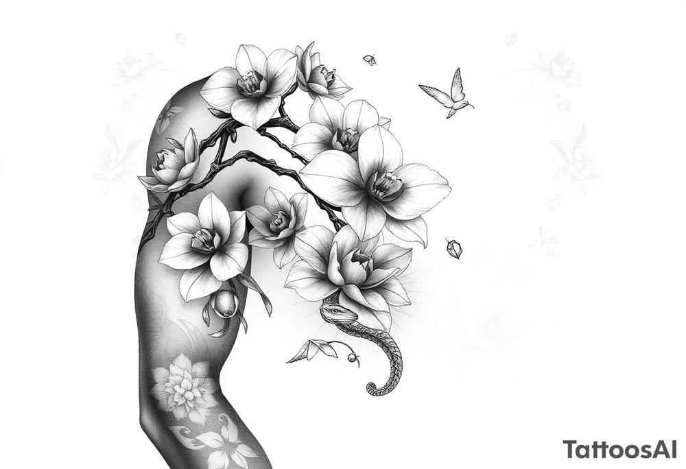 Orchid or cherry blossom tree and lotus and snake and angels on a woman tattoo idea