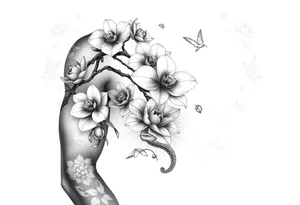 Orchid or cherry blossom tree and lotus and snake and angels on a woman tattoo idea