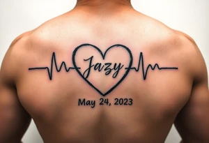 faded heart beat outline for a deceased best friend with the name Jazy and the date May 24,2023 
incorporated tattoo idea