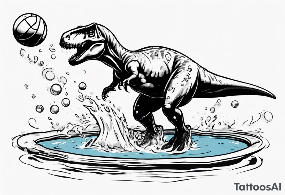 happy t rex in a pool wearing water polo cap tattoo idea