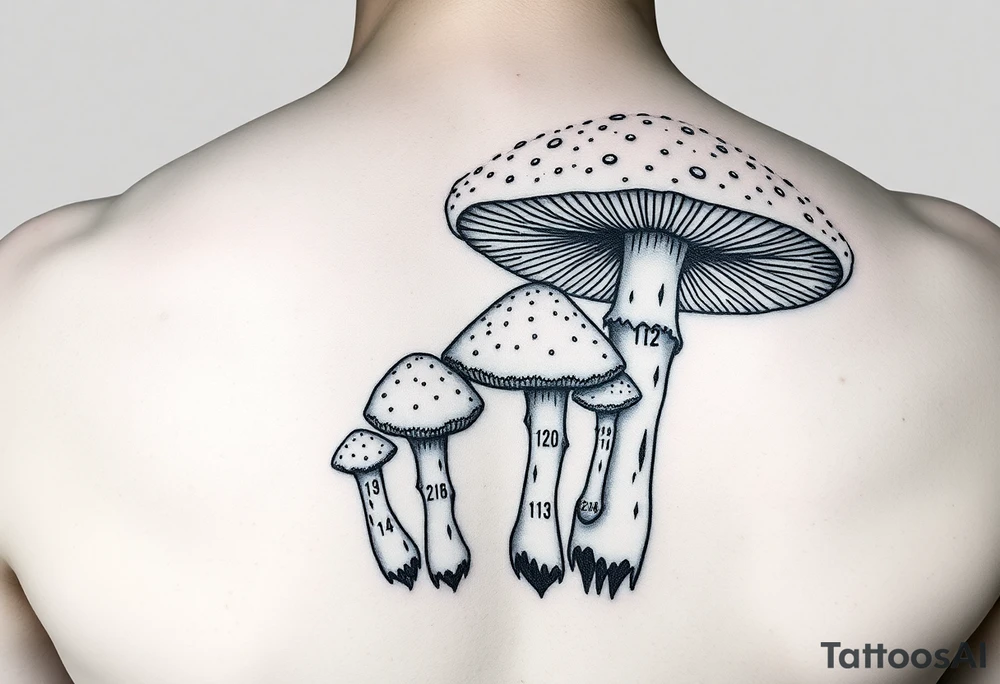 Psychedelic mushrooms two big four small with the stems of the small ones being their birth date which is 8/3/18, /9/10/21, 11/18/22 and 1/20/25. tattoo idea