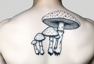 Psychedelic mushrooms two big four small with the stems of the small ones being their birth date which is 8/3/18, /9/10/21, 11/18/22 and 1/20/25. tattoo idea