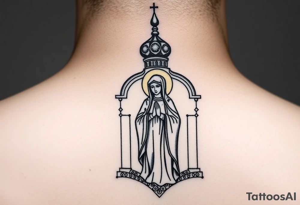 Russian orthodox church with bulb domes with a prominent russian orthodox style virgin mary stood outside with hands together tattoo idea
