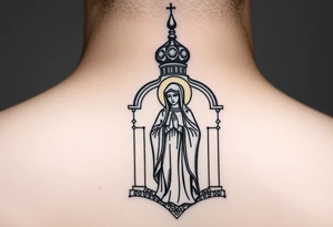 Russian orthodox church with bulb domes with a prominent russian orthodox style virgin mary stood outside with hands together tattoo idea