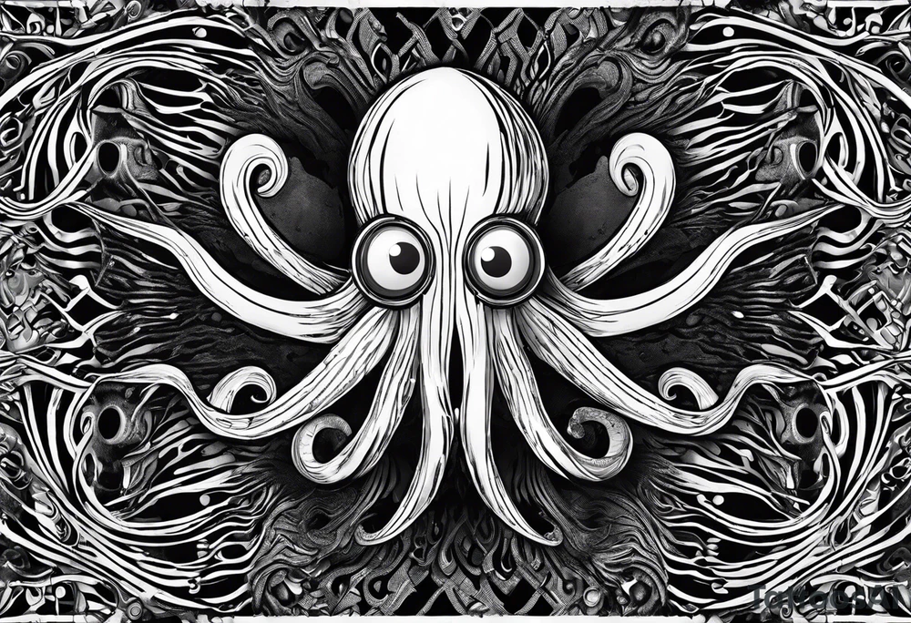 The equivalent of a horror and bizarre squid avatar. twisting and intersecting lines, making it look very wild and chaotic. The eyes of the squid are particularly prominent, one of them is white and the other is black, the overall expression is crazy and intense, with some distressed or damaged texture effects.

Able to change the color of the body and hide in the black sea tattoo idea
