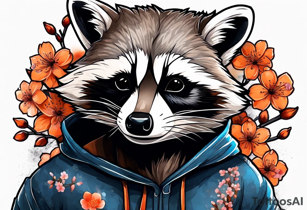 Raccoon wearing a white Superman logo on a black hoodie and orange Japanese cherry blossoms tattoo idea