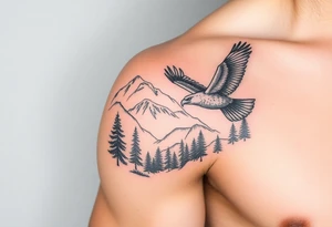 Mountain View with large trees and an eagle flying tattoo idea