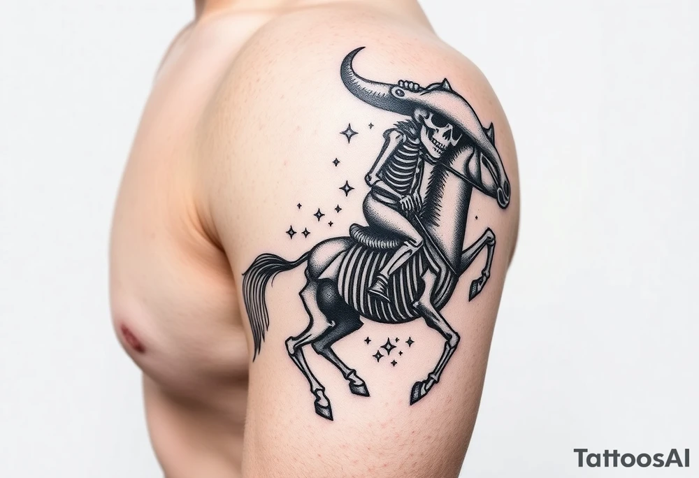 cowboy skeleton riding a horse skeleton on bicep, sized to fill most of the outer bicep. mountain/longhorn skull over the shoulder cap. Fill with (stars, dots, and flowers) tattoo idea