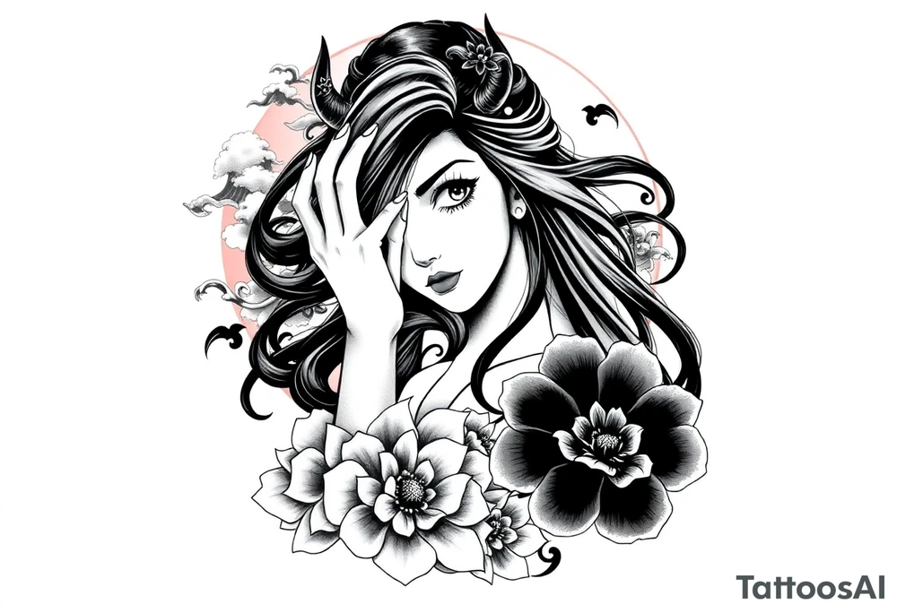 Prompt:

Full sleeve Japanese-inspired tattoo design featuring a beautiful female oni (demon woman) with an elegant, mysterious expression, one hand partially covering her face, long flowing hair integrated into swirling wind and wave patterns, large detailed chrysanthemums and peonies woven through the composition, dynamic negative space with bold black fills and smooth gradients, traditional Japanese cloud and water motifs, high-contrast black and grey with soft shading and sharp linework, balanced composition wrapping around the arm, modern neo-Japanese illustrative style.

Style tags:
– High contrast black and grey
– Neo-Japanese tattoo
– Traditional Japanese motifs
– Sleeve layout design
– Chrysanthemums, peonies, wind bars, waves
– Female oni portrait tattoo idea